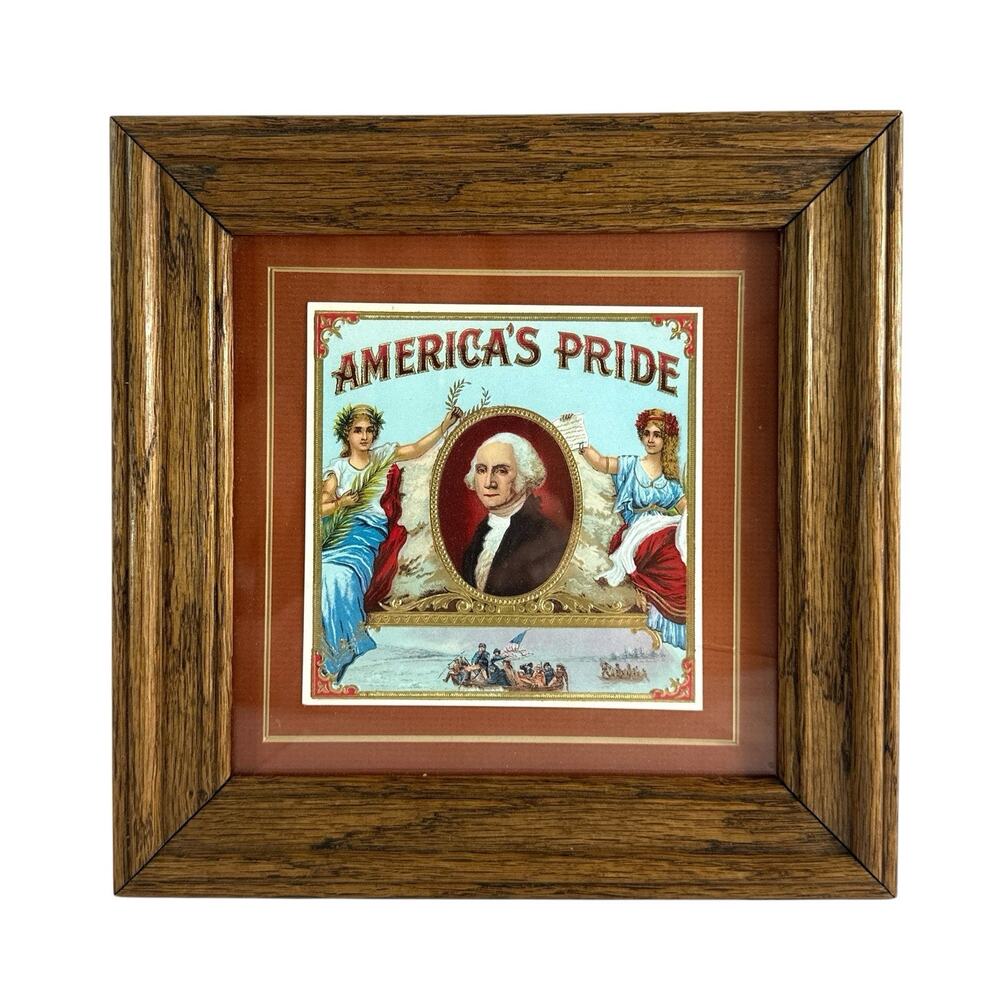 Antique 1920s America’s Pride George Washington Embossed Cigar Box Label Framed